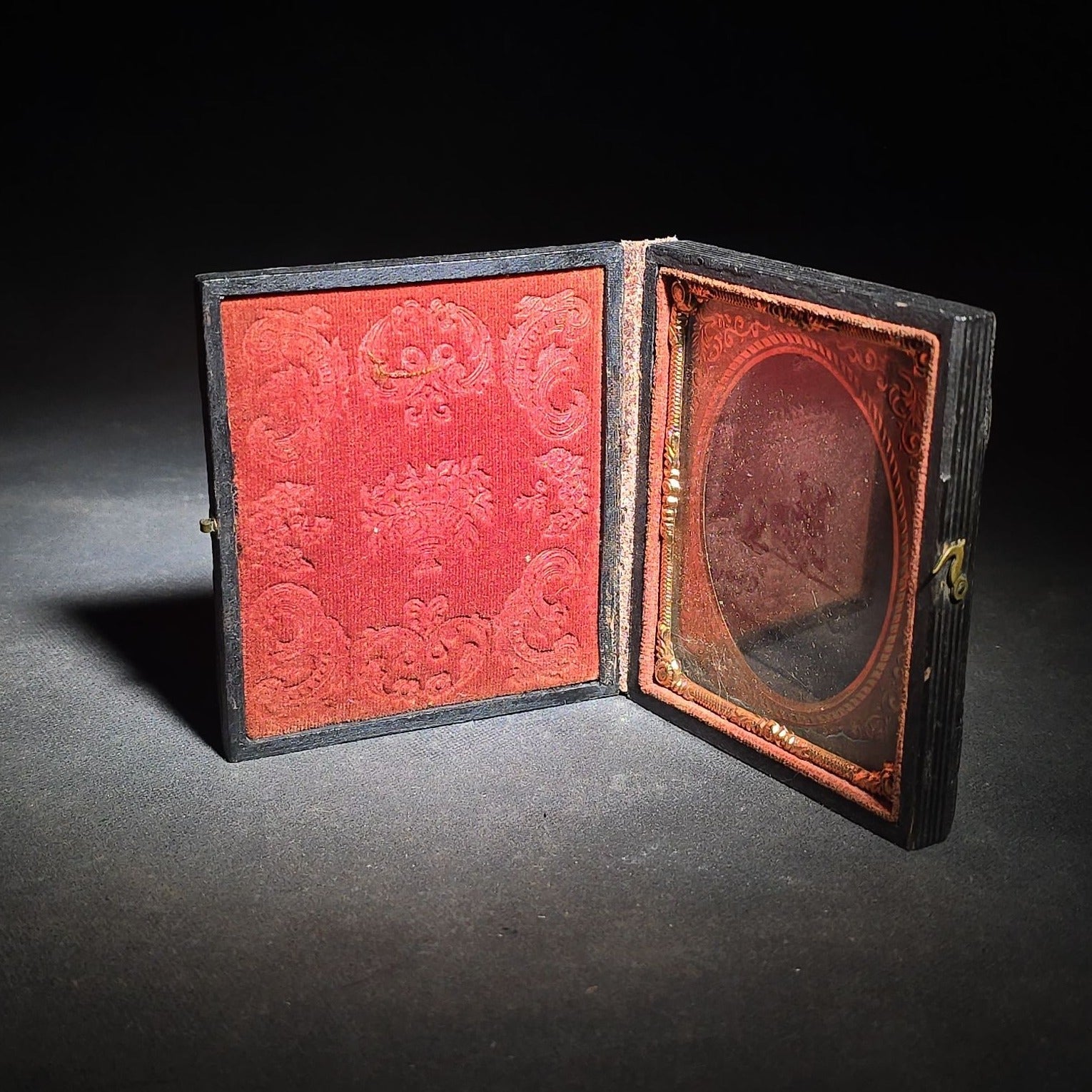 Antique 1/6th Plate Tintype Photograph of a Dog Reclining on a Cushion in Full Leatherette Union Case with Repaired Spine