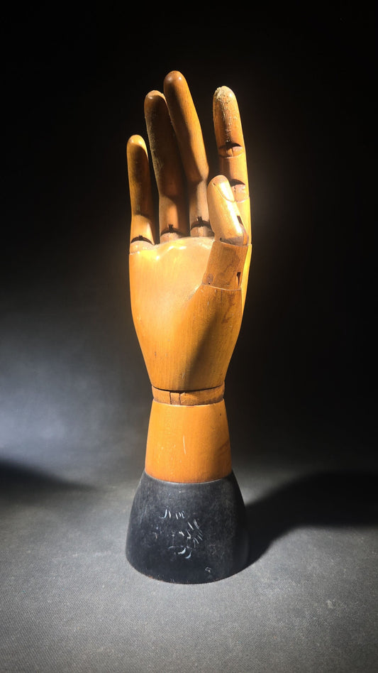 Vintage Articulated Wooden Artist's Mannequin Hand on Black-Painted Base, Made in Belgium