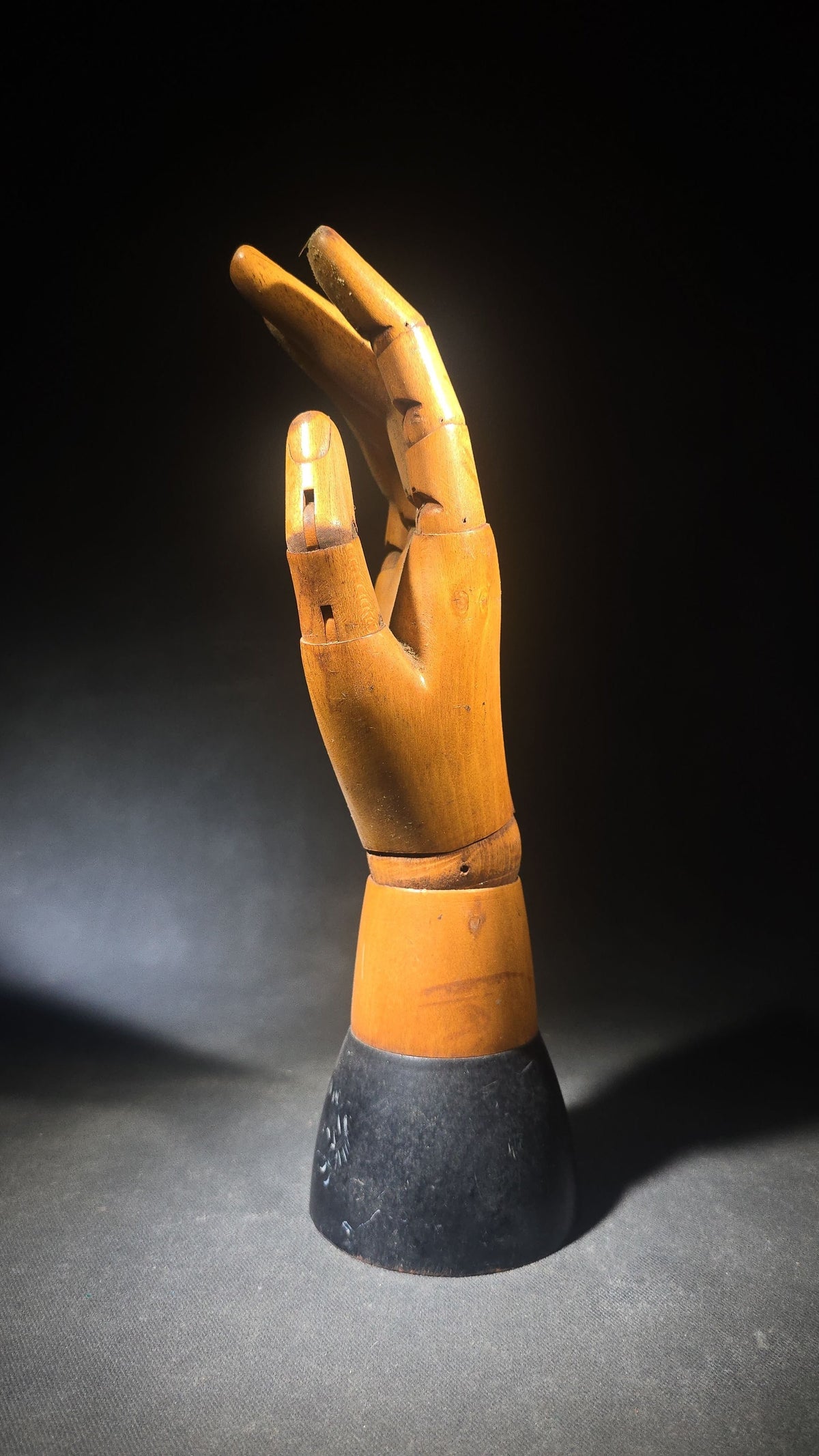 Vintage Articulated Wooden Artist's Mannequin Hand on Black-Painted Base, Made in Belgium