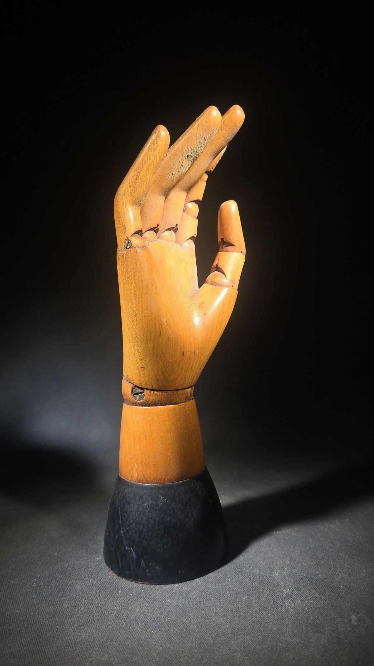 Vintage Articulated Wooden Artist's Mannequin Hand on Black-Painted Base, Made in Belgium