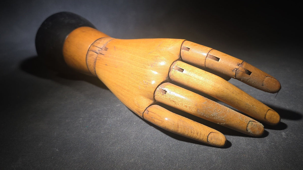 Vintage Articulated Wooden Artist's Mannequin Hand on Black-Painted Base, Made in Belgium