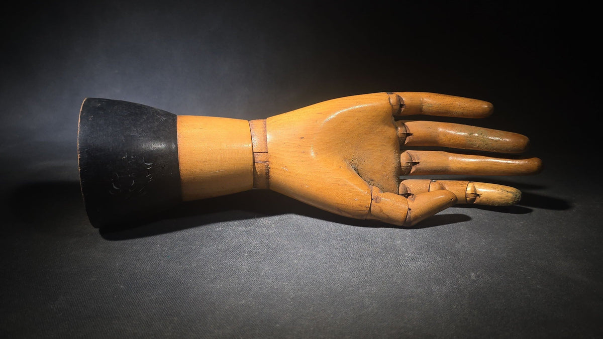 Vintage Articulated Wooden Artist's Mannequin Hand on Black-Painted Base, Made in Belgium