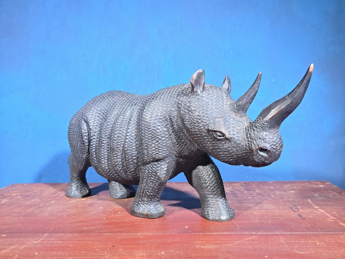 Vintage Hand-Carved Wood Rhinoceros Figure