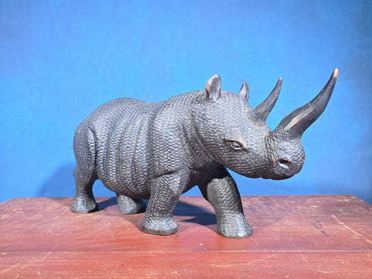 Vintage Hand-Carved Wood Rhinoceros Figure