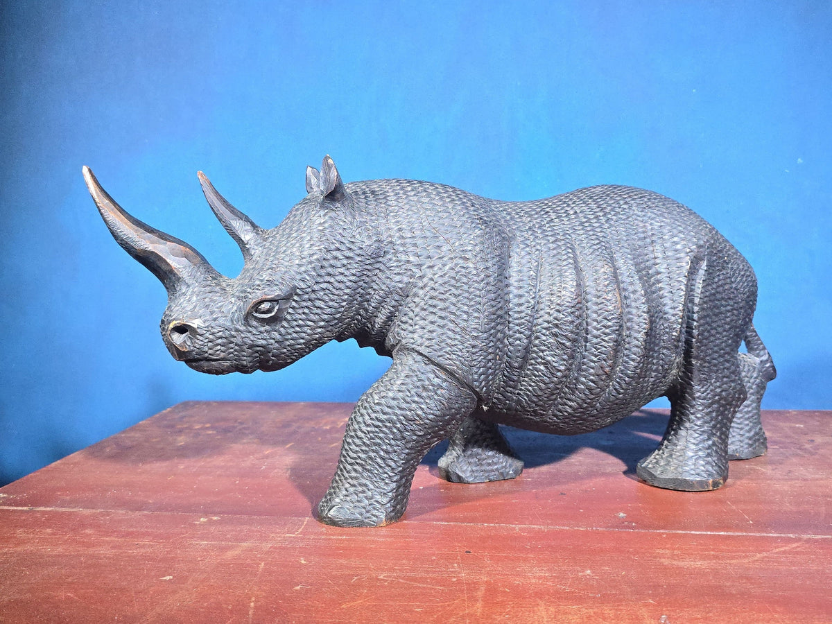 Vintage Hand-Carved Wood Rhinoceros Figure