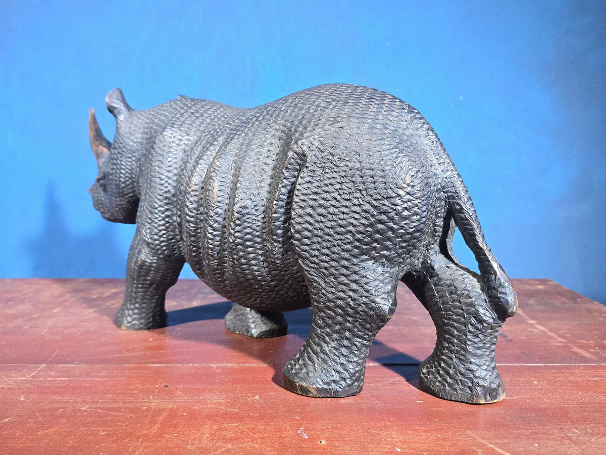 Vintage Hand-Carved Wood Rhinoceros Figure
