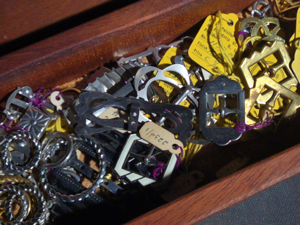 Vintage Wooden Box of Pulsifer Shoe Buckles and Jewelry Findings, Friendship Street, Providence, Rhode Island