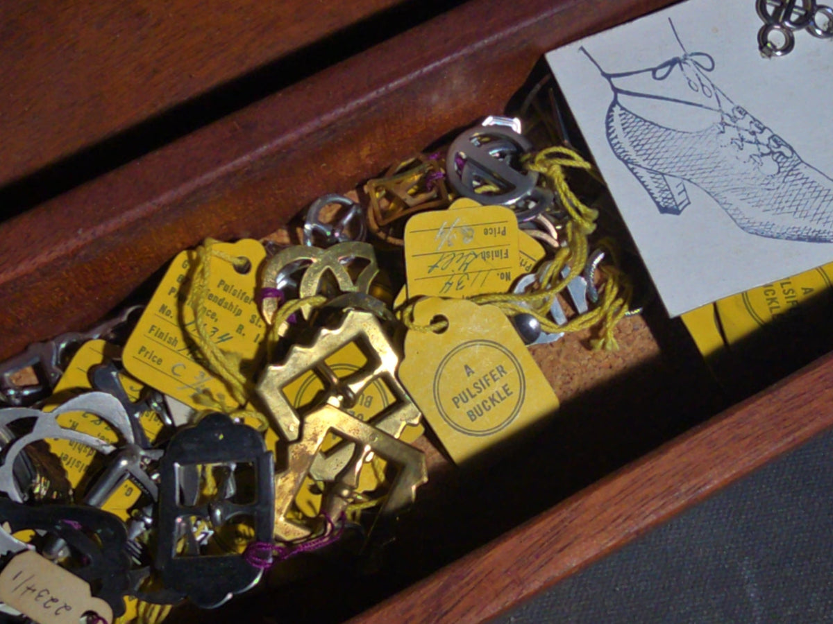 Vintage Wooden Box of Pulsifer Shoe Buckles and Jewelry Findings, Friendship Street, Providence, Rhode Island