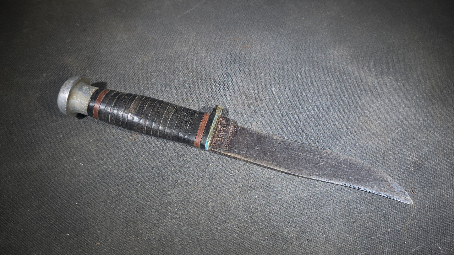 Vintage Case Fixed-Blade Knife with Stacked Leather Handle and Leather Sheath