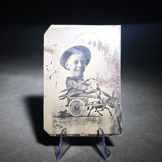 Antique Photomontage Tintype Photograph of a Boy in a Donkey Cart Caricature with Illegible Signature
