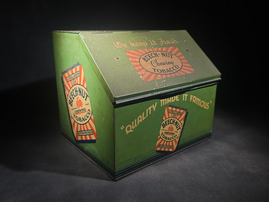 Antique Lorillard's Beech-Nut Chewing Tobacco Tin Lithograph Advertising Counter Display Bin, "Quality Made It Famous," "We Keep It Fresh"