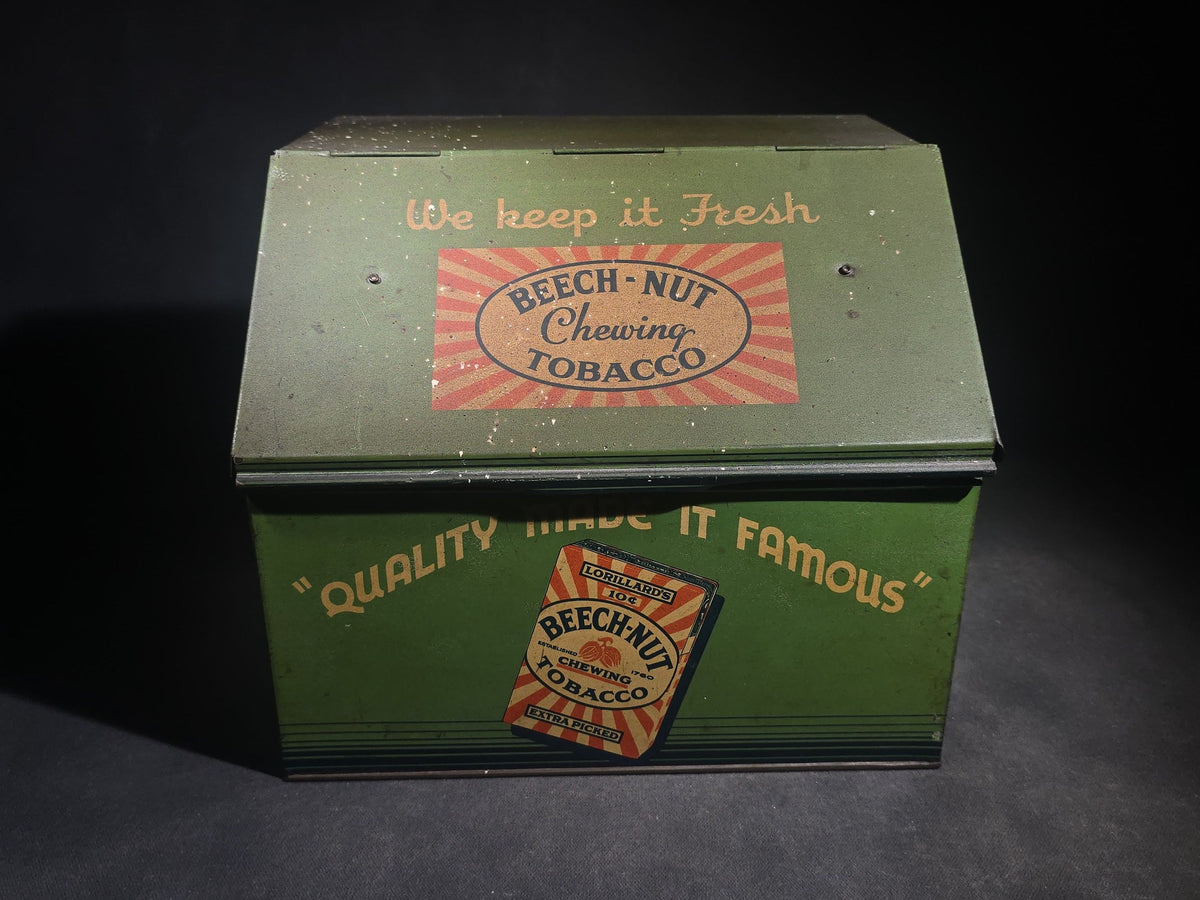 Antique Lorillard's Beech-Nut Chewing Tobacco Tin Lithograph Advertising Counter Display Bin, "Quality Made It Famous," "We Keep It Fresh"