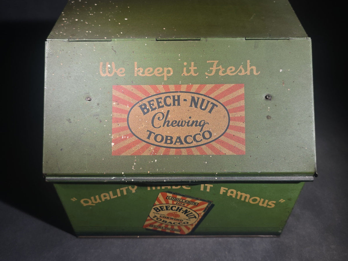 Antique Lorillard's Beech-Nut Chewing Tobacco Tin Lithograph Advertising Counter Display Bin, "Quality Made It Famous," "We Keep It Fresh"