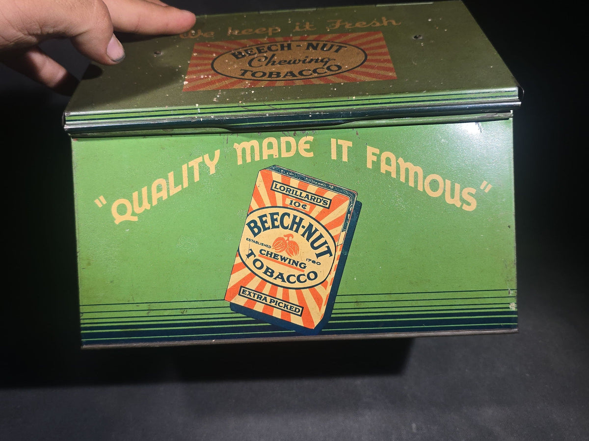 Antique Lorillard's Beech-Nut Chewing Tobacco Tin Lithograph Advertising Counter Display Bin, "Quality Made It Famous," "We Keep It Fresh"