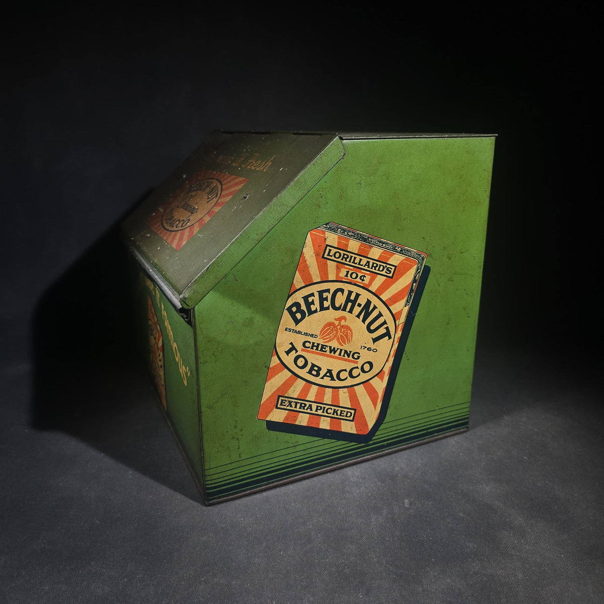 Antique Lorillard's Beech-Nut Chewing Tobacco Tin Lithograph Advertising Counter Display Bin, "Quality Made It Famous," "We Keep It Fresh"