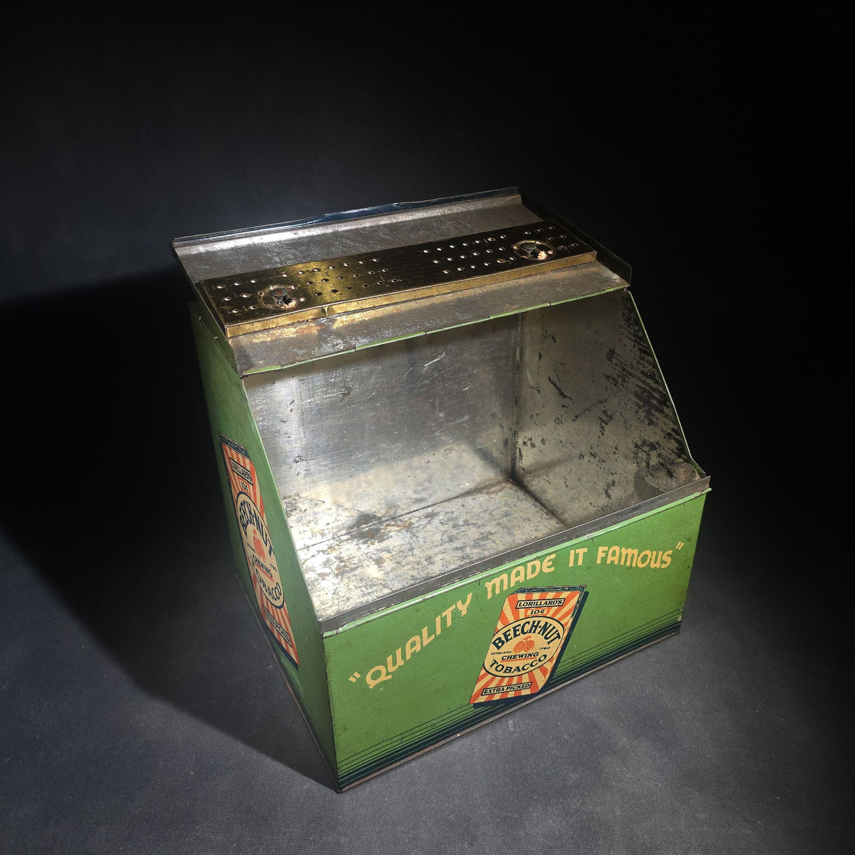 Antique Lorillard's Beech-Nut Chewing Tobacco Tin Lithograph Advertising Counter Display Bin, "Quality Made It Famous," "We Keep It Fresh"