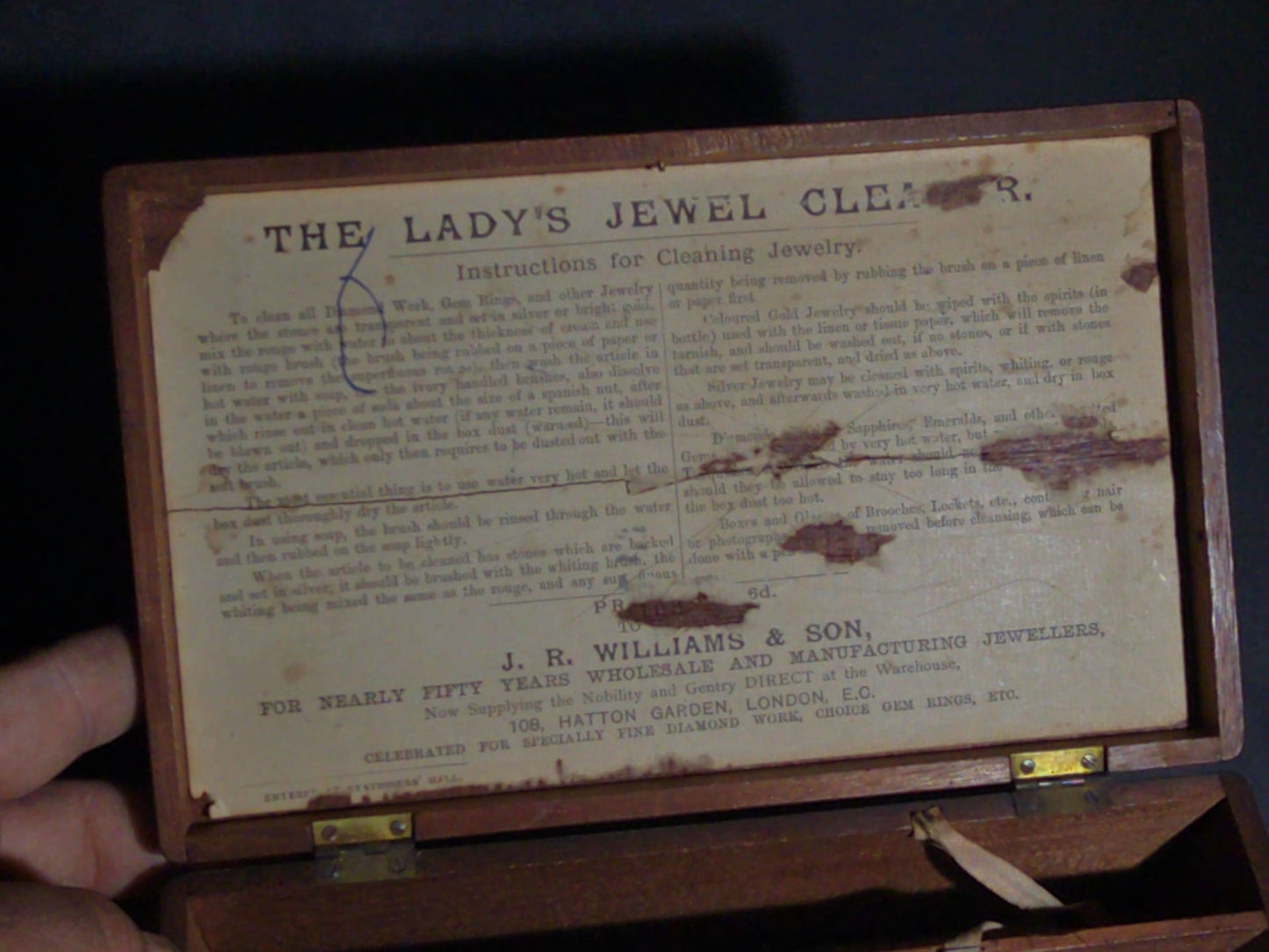 Antique "The Lady's Jewel Cleaner" Wood Jewelry Box by J.R. Williams & Son, 108 Hatton Garden, London, with Miscellaneous Costume Jewelry Findings