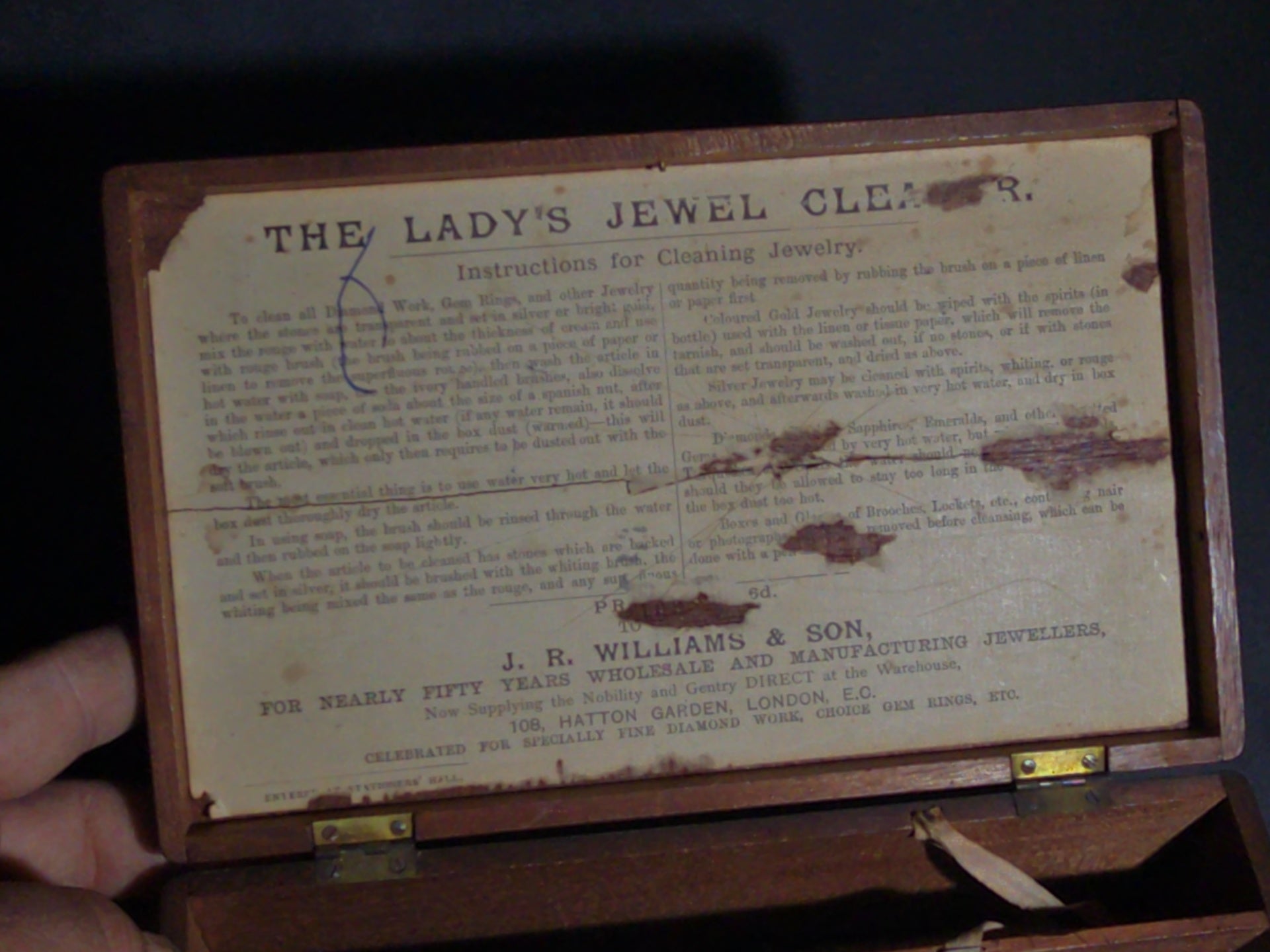 Antique "The Lady's Jewel Cleaner" Wood Jewelry Box by J.R. Williams & Son, 108 Hatton Garden, London, with Miscellaneous Costume Jewelry Findings