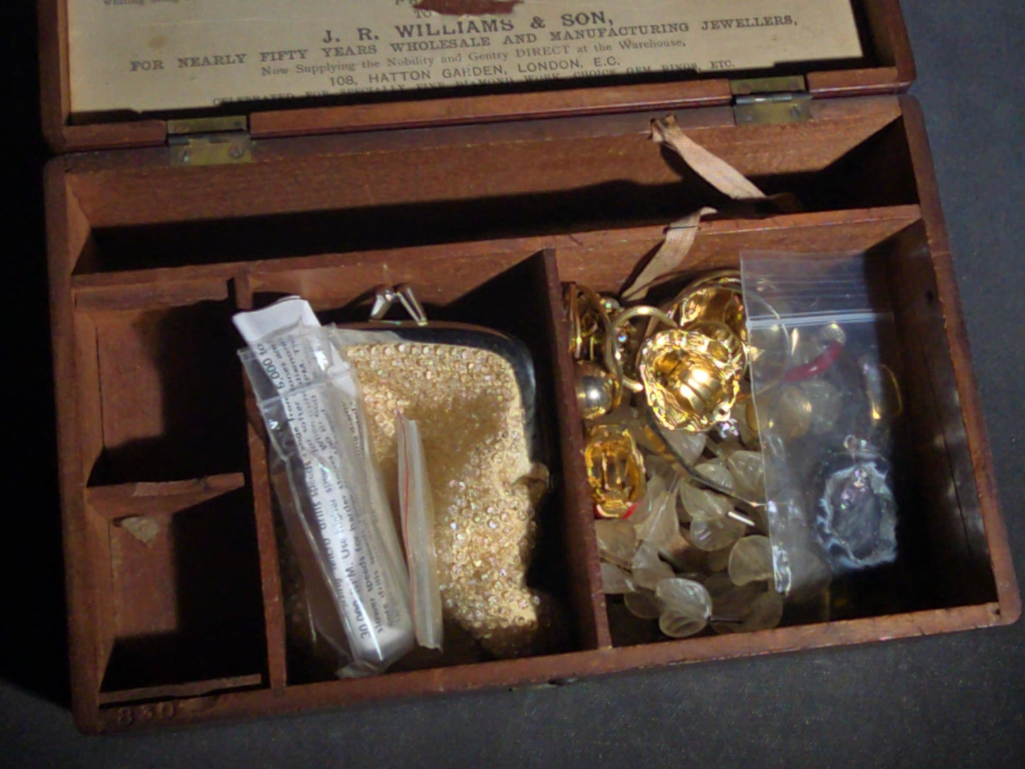 Antique "The Lady's Jewel Cleaner" Wood Jewelry Box by J.R. Williams & Son, 108 Hatton Garden, London, with Miscellaneous Costume Jewelry Findings