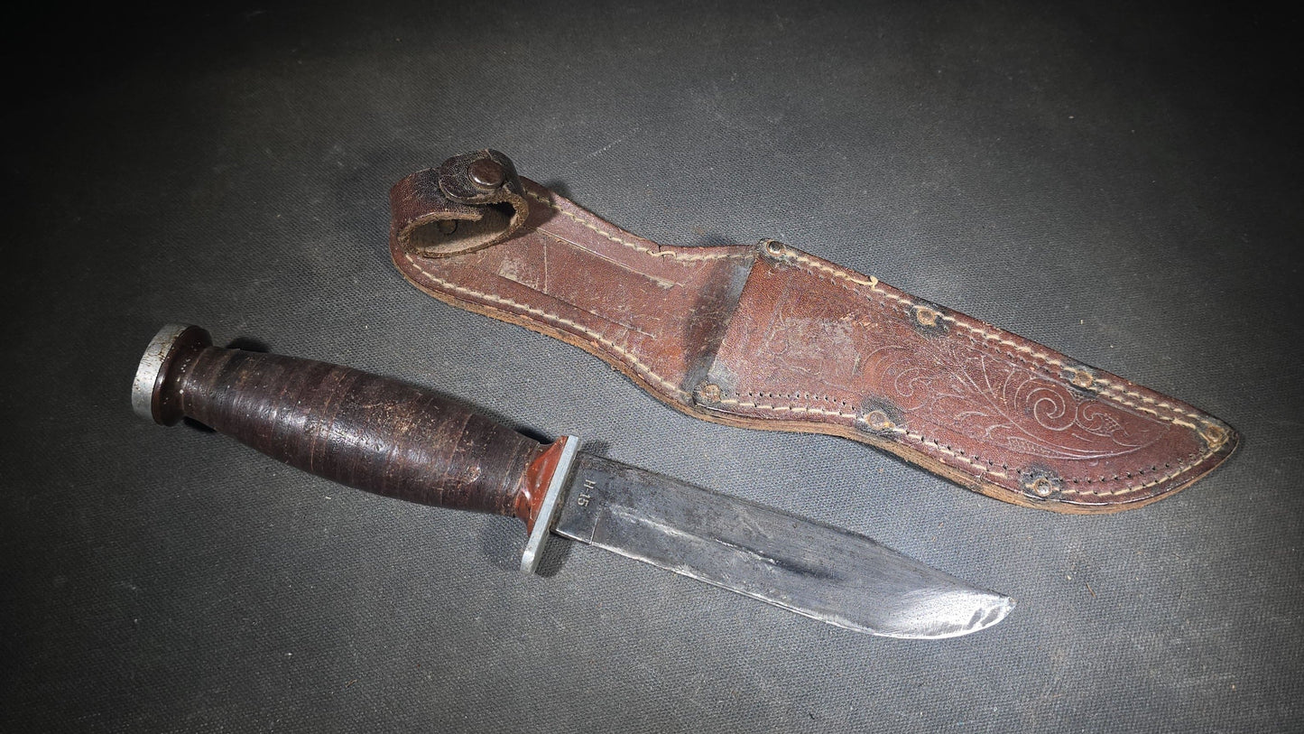 Vintage Schrade-Walden H-15 Hunting Knife with Stacked Leather Handle and Tooled Leather Sheath, Manufactured by Schrade-Walden, New York, U.S.A.