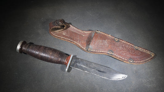 Vintage Schrade-Walden H-15 Hunting Knife with Stacked Leather Handle and Tooled Leather Sheath, Manufactured by Schrade-Walden, New York, U.S.A.