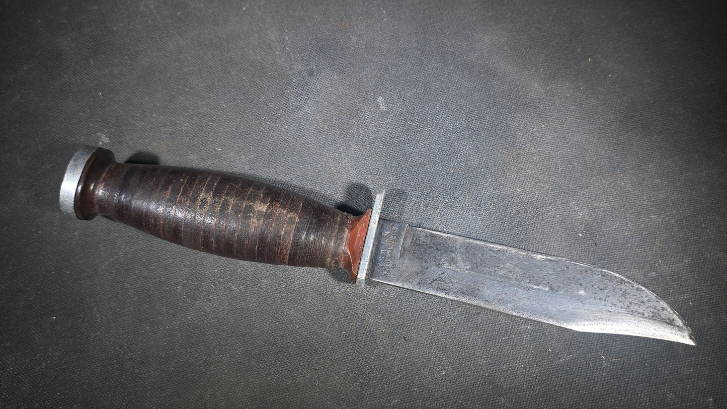 Vintage Schrade-Walden H-15 Hunting Knife with Stacked Leather Handle and Tooled Leather Sheath, Manufactured by Schrade-Walden, New York, U.S.A.