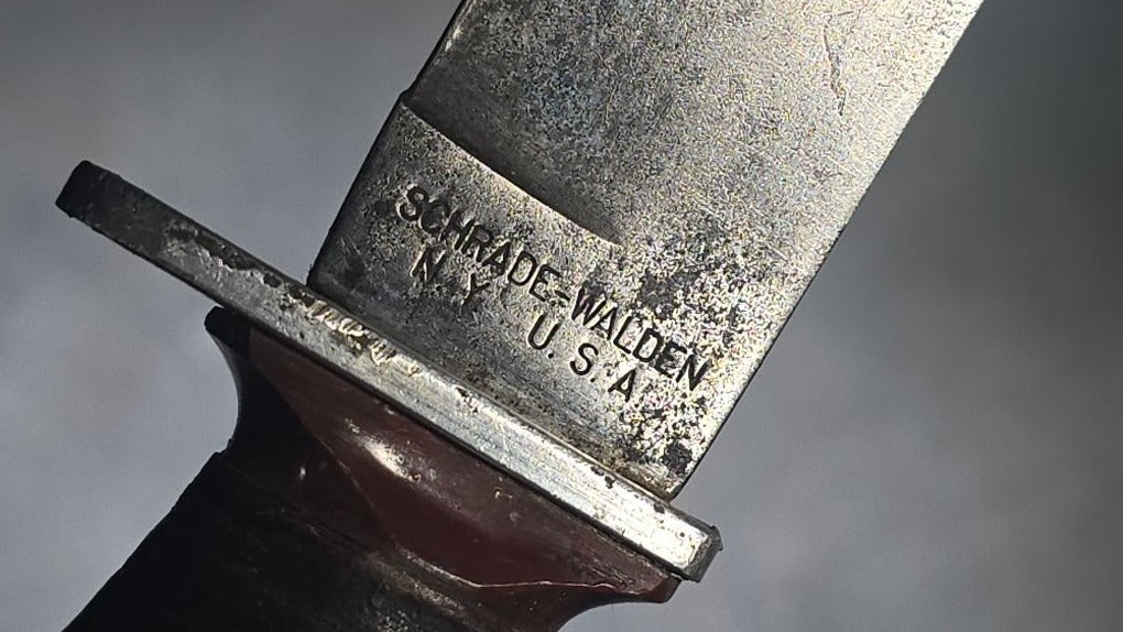 Vintage Schrade-Walden H-15 Hunting Knife with Stacked Leather Handle and Tooled Leather Sheath, Manufactured by Schrade-Walden, New York, U.S.A.