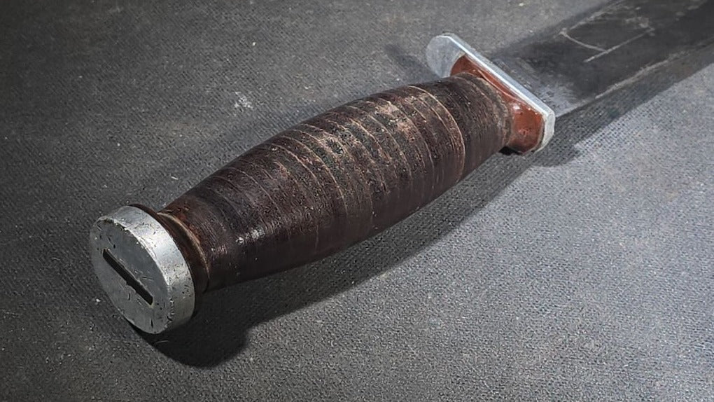 Vintage Schrade-Walden H-15 Hunting Knife with Stacked Leather Handle and Tooled Leather Sheath, Manufactured by Schrade-Walden, New York, U.S.A.