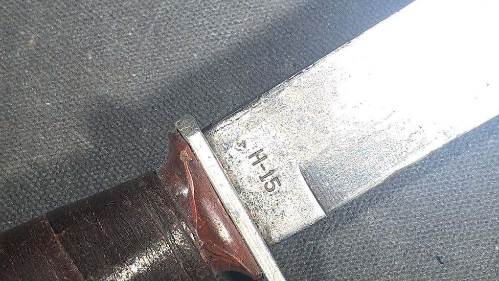 Vintage Schrade-Walden H-15 Hunting Knife with Stacked Leather Handle and Tooled Leather Sheath, Manufactured by Schrade-Walden, New York, U.S.A.