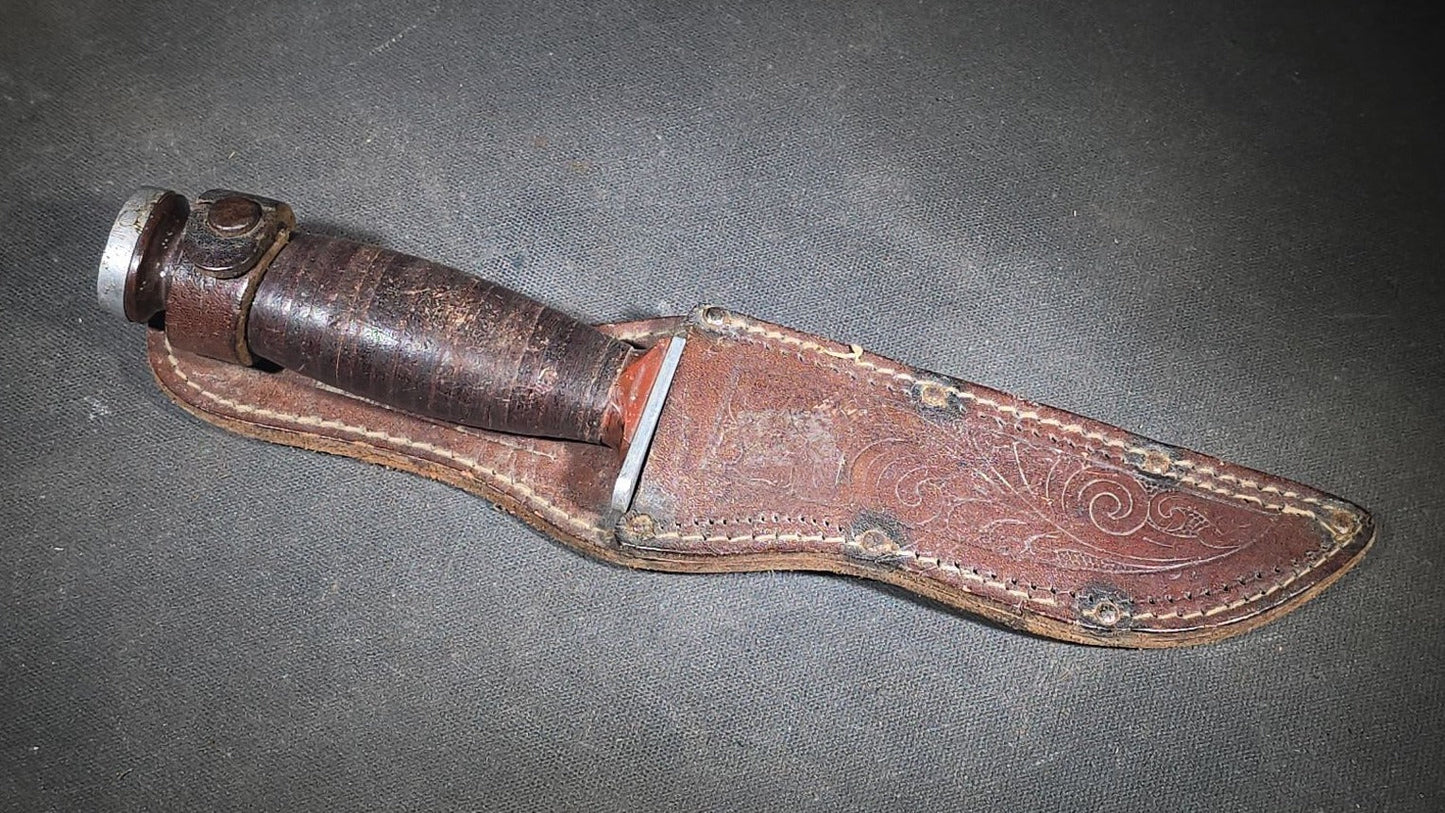 Vintage Schrade-Walden H-15 Hunting Knife with Stacked Leather Handle and Tooled Leather Sheath, Manufactured by Schrade-Walden, New York, U.S.A.