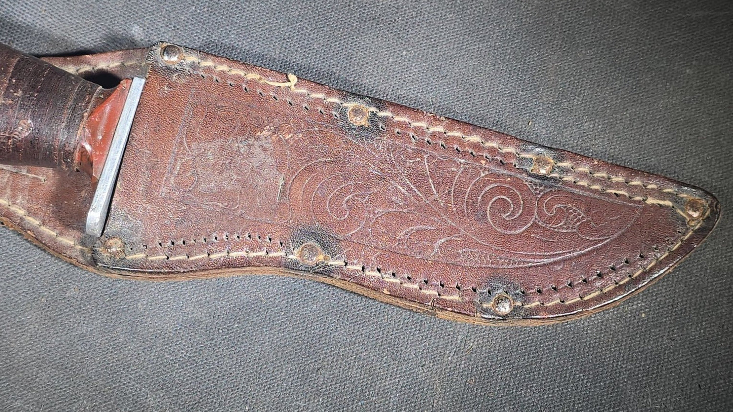 Vintage Schrade-Walden H-15 Hunting Knife with Stacked Leather Handle and Tooled Leather Sheath, Manufactured by Schrade-Walden, New York, U.S.A.