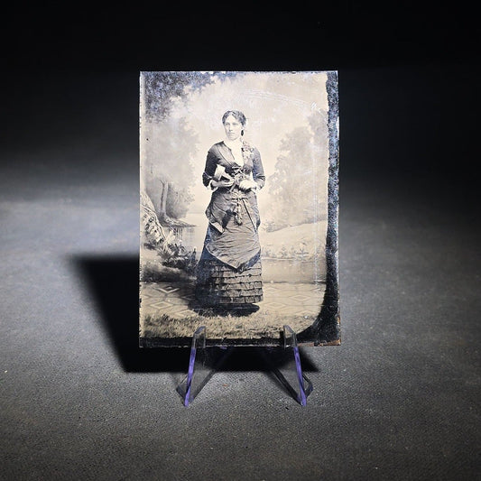 Antique Tintype Photograph of a Young Woman Holding a Stereoscope Viewer