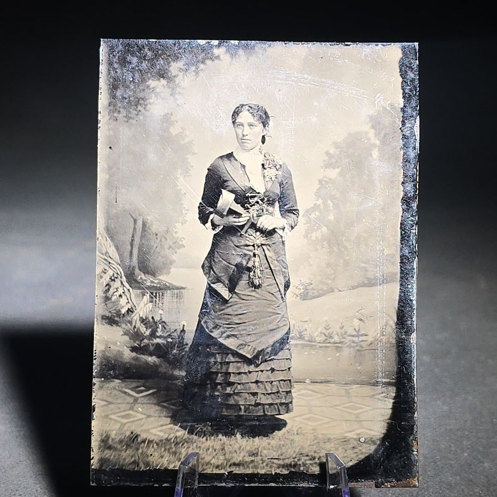 Antique Tintype Photograph of a Young Woman Holding a Stereoscope Viewer