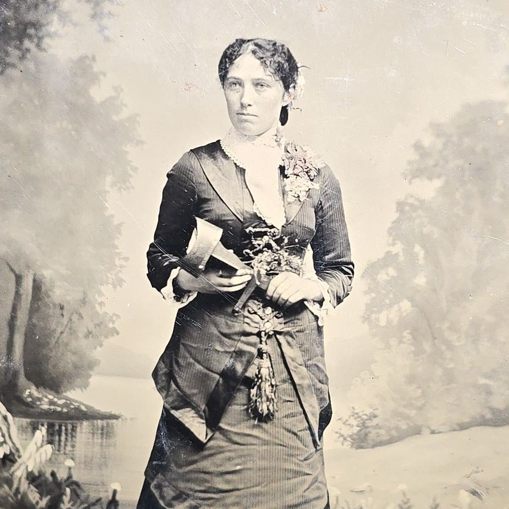 Antique Tintype Photograph of a Young Woman Holding a Stereoscope Viewer
