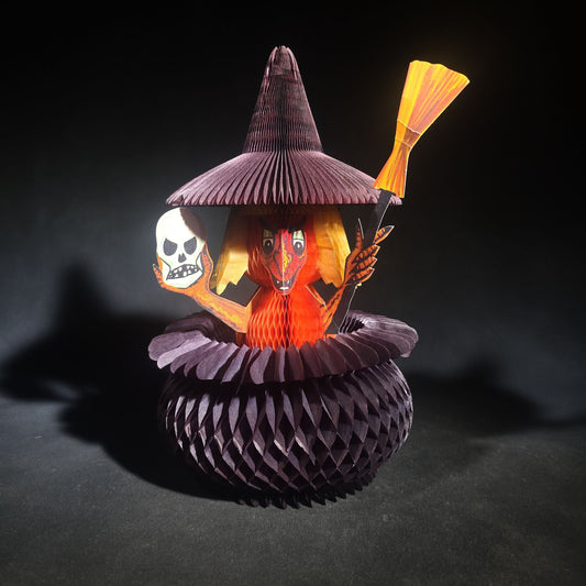 Vintage Halloween Honeycomb Tissue Paper Witch Table Decoration with Skull and Broom, Handmade in Denmark