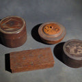 Lot 128 - Grouping of Four Vintage Wood Boxes Including Two Japanese Lidded Round Boxes with Mount Fuji Landscapes and Japanese Coaster Set, and Antique English Coin Balance Box with Currency Table