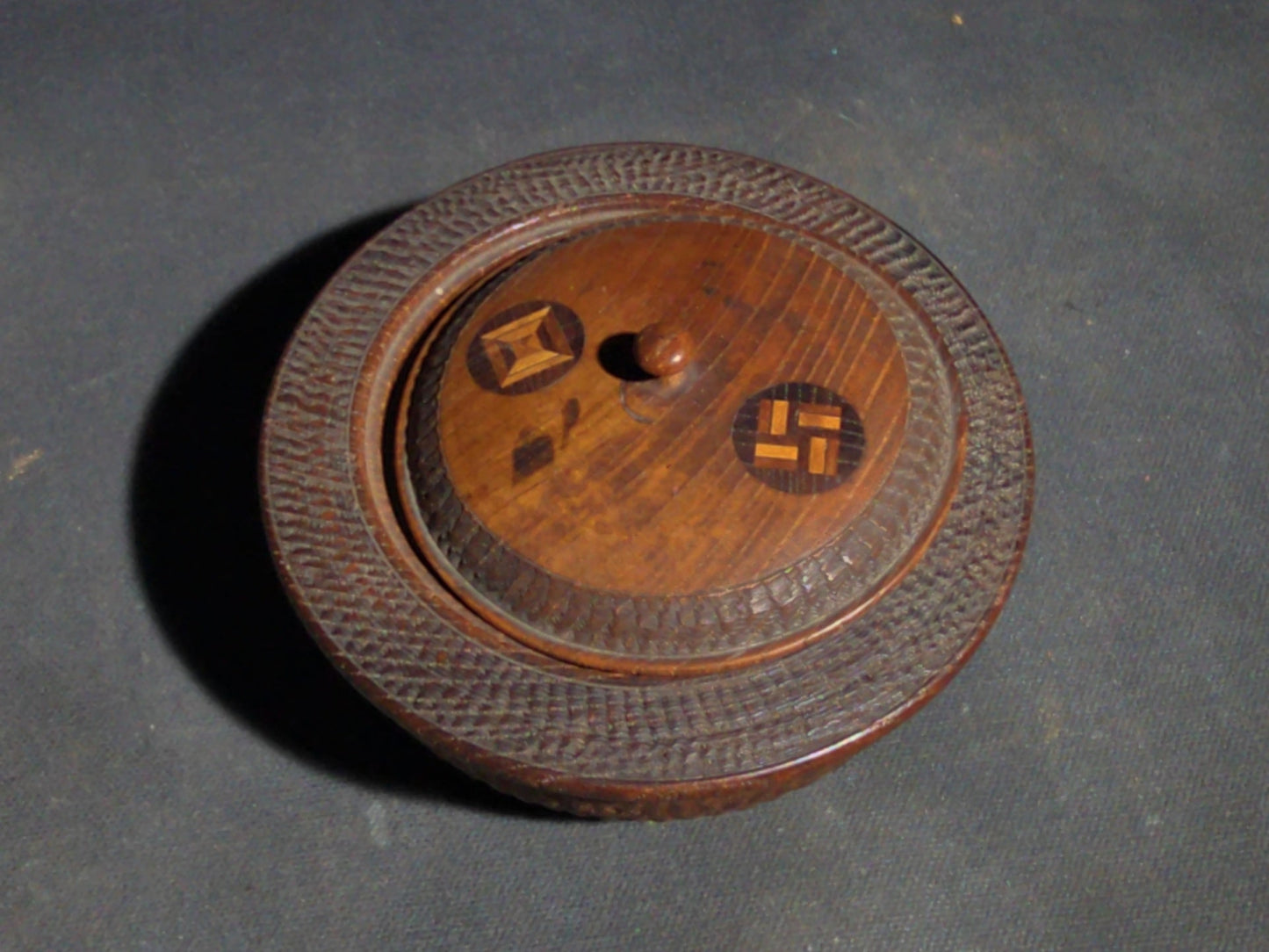 Grouping of Four Vintage Wood Boxes including Two Japanese Lidded Round Boxes with Mount Fuji Landscapes and Japanese Coaster Set, and Antique English Coin Balance Box with Currency Table
