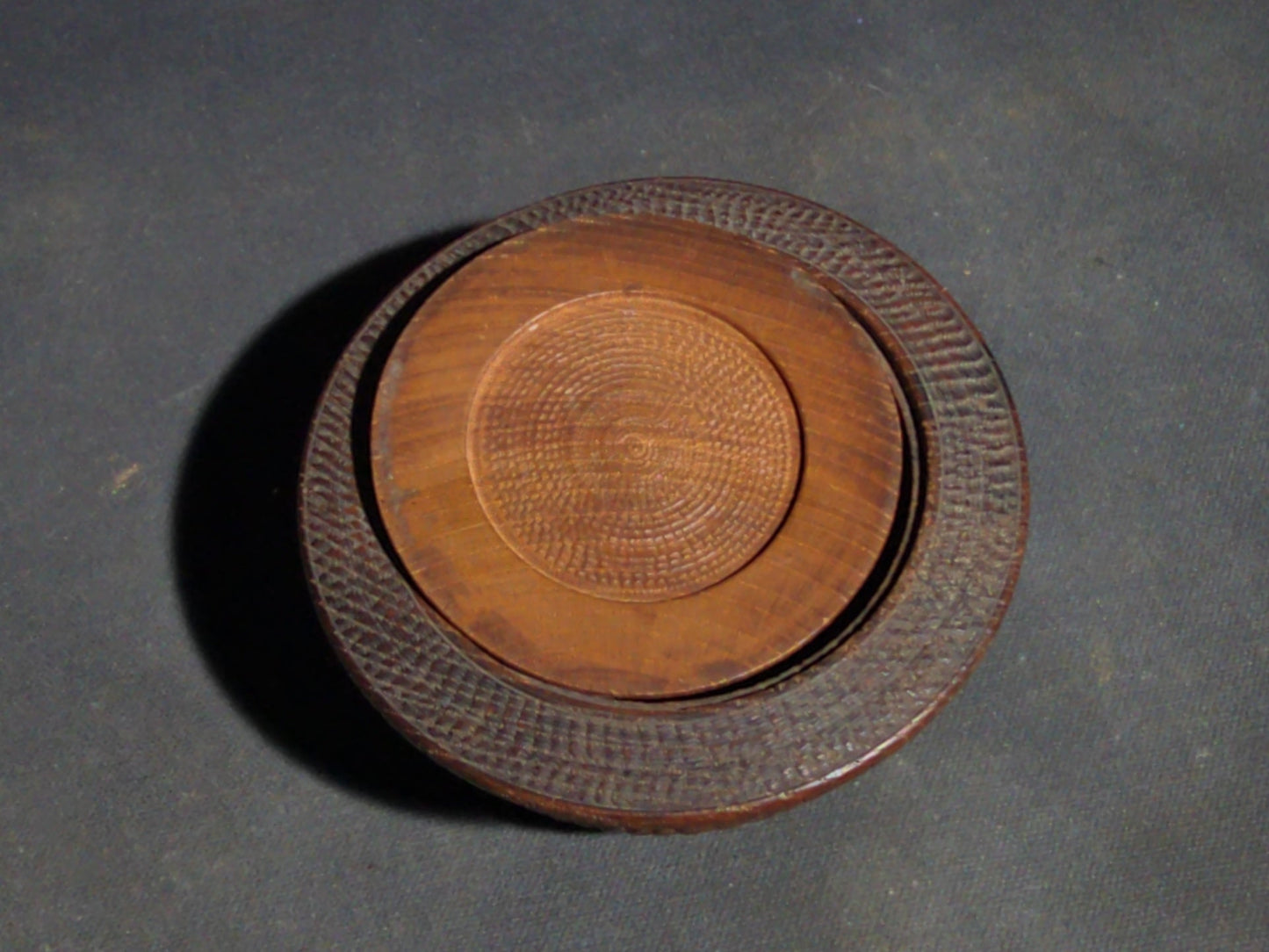 Grouping of Four Vintage Wood Boxes including Two Japanese Lidded Round Boxes with Mount Fuji Landscapes and Japanese Coaster Set, and Antique English Coin Balance Box with Currency Table