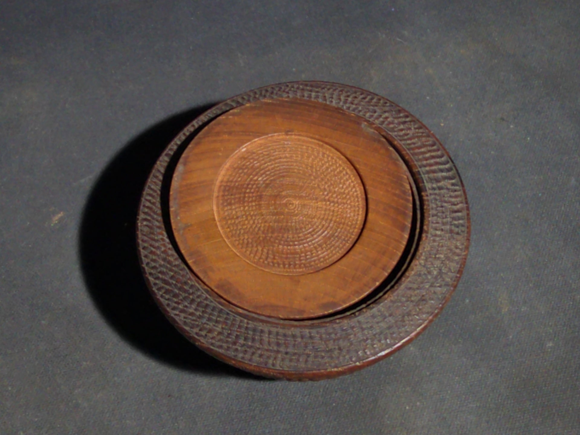 Grouping of Four Vintage Wood Boxes including Two Japanese Lidded Round Boxes with Mount Fuji Landscapes and Japanese Coaster Set, and Antique English Coin Balance Box with Currency Table