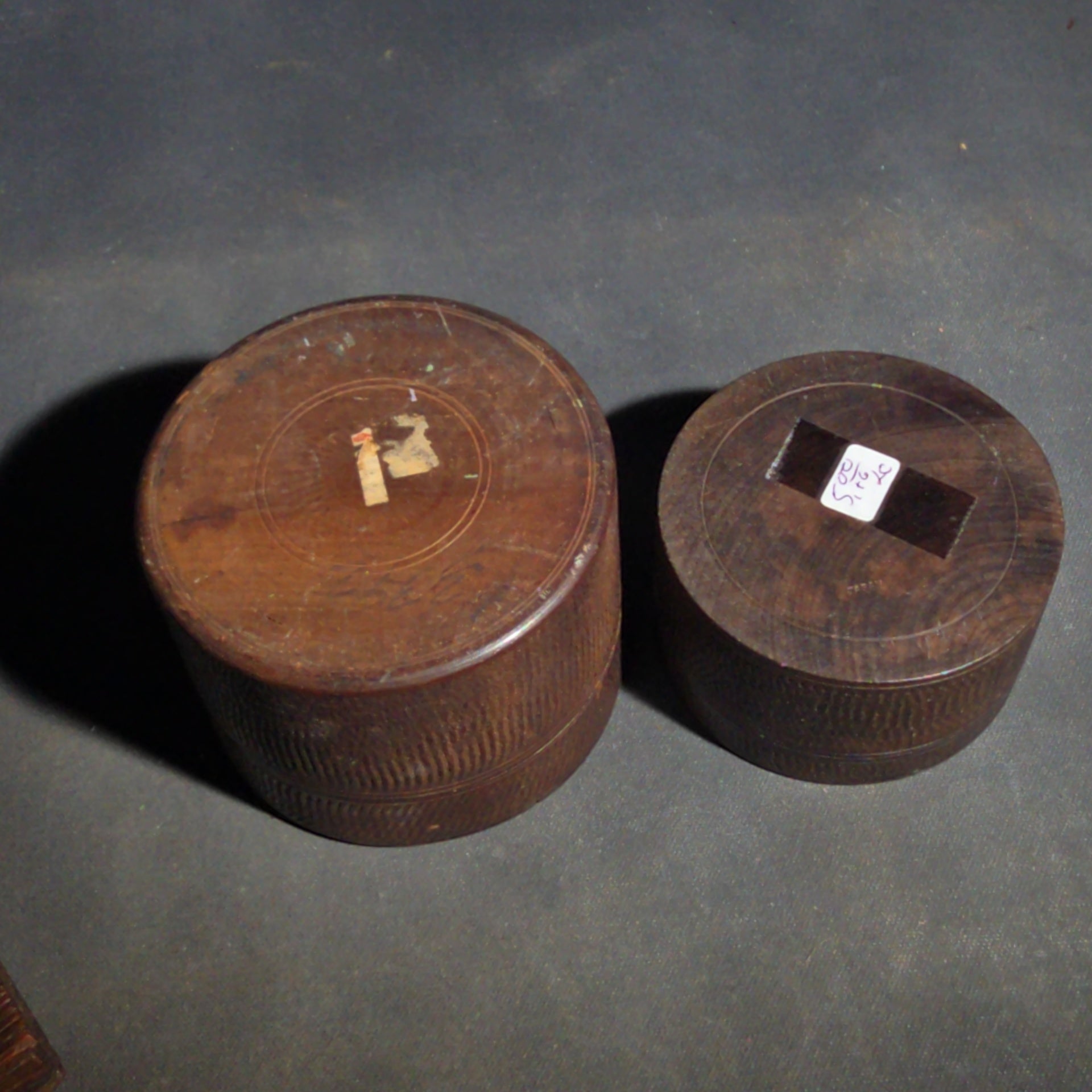 Grouping of Four Vintage Wood Boxes including Two Japanese Lidded Round Boxes with Mount Fuji Landscapes and Japanese Coaster Set, and Antique English Coin Balance Box with Currency Table