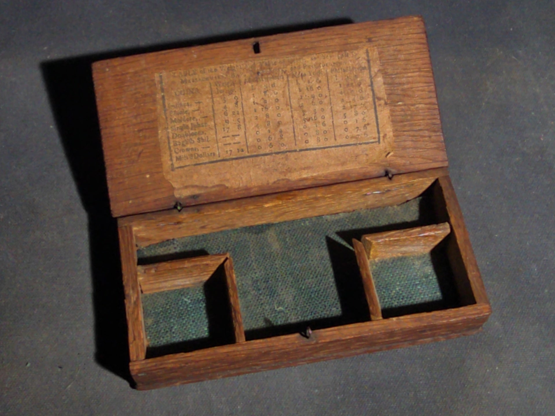 Grouping of Four Vintage Wood Boxes including Two Japanese Lidded Round Boxes with Mount Fuji Landscapes and Japanese Coaster Set, and Antique English Coin Balance Box with Currency Table
