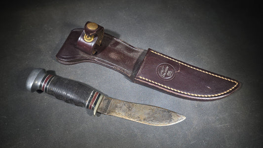 Vintage Remington DuPont RH56 Fixed Blade Hunting Knife with Stacked Leather Handle in Modern Sheath