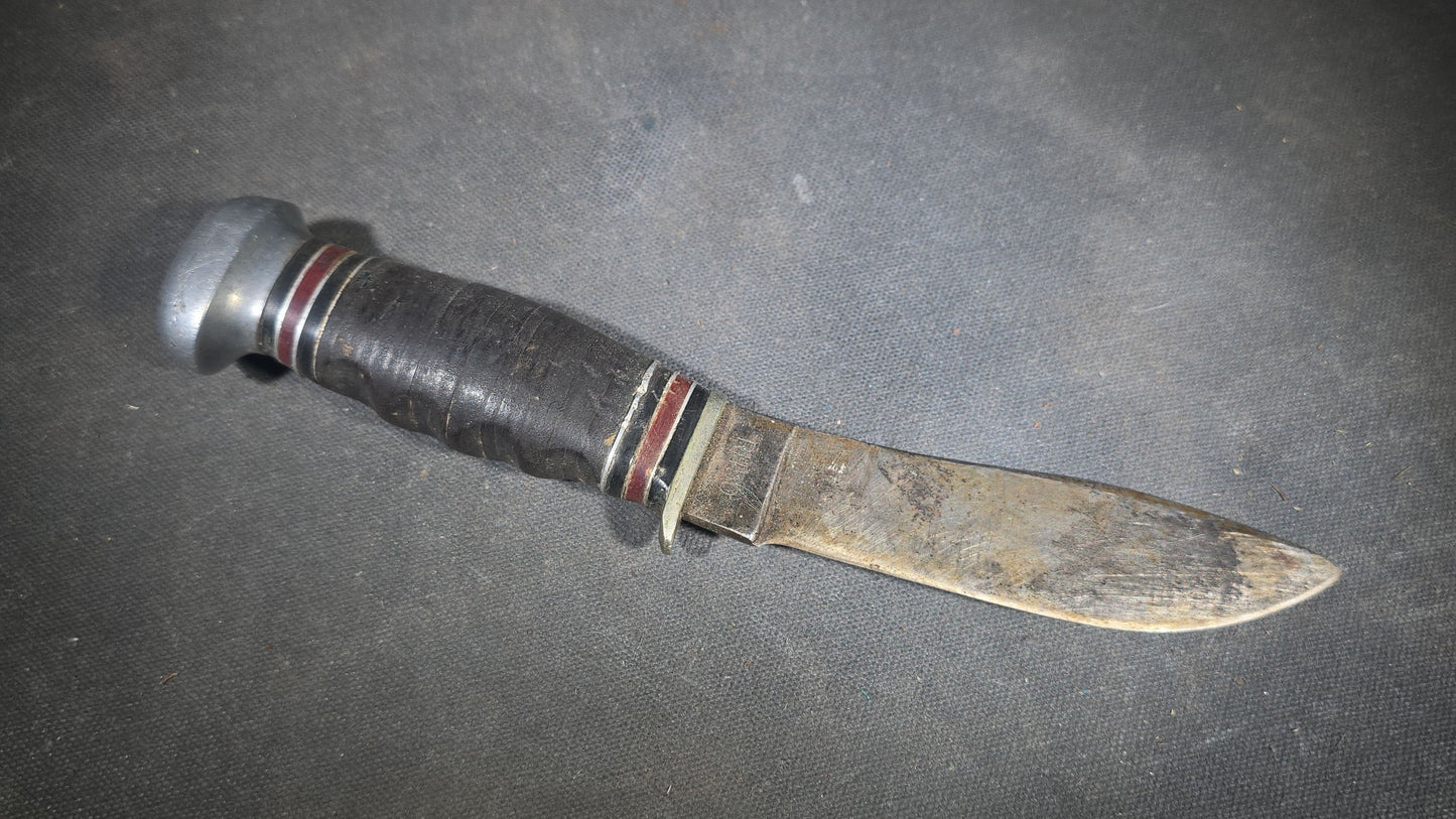 Vintage Remington DuPont RH56 Fixed Blade Hunting Knife with Stacked Leather Handle in Modern Sheath