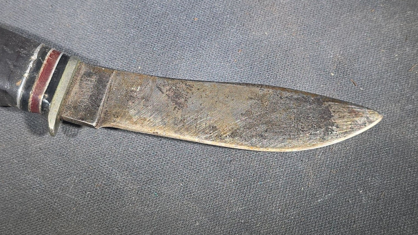 Vintage Remington DuPont RH56 Fixed Blade Hunting Knife with Stacked Leather Handle in Modern Sheath