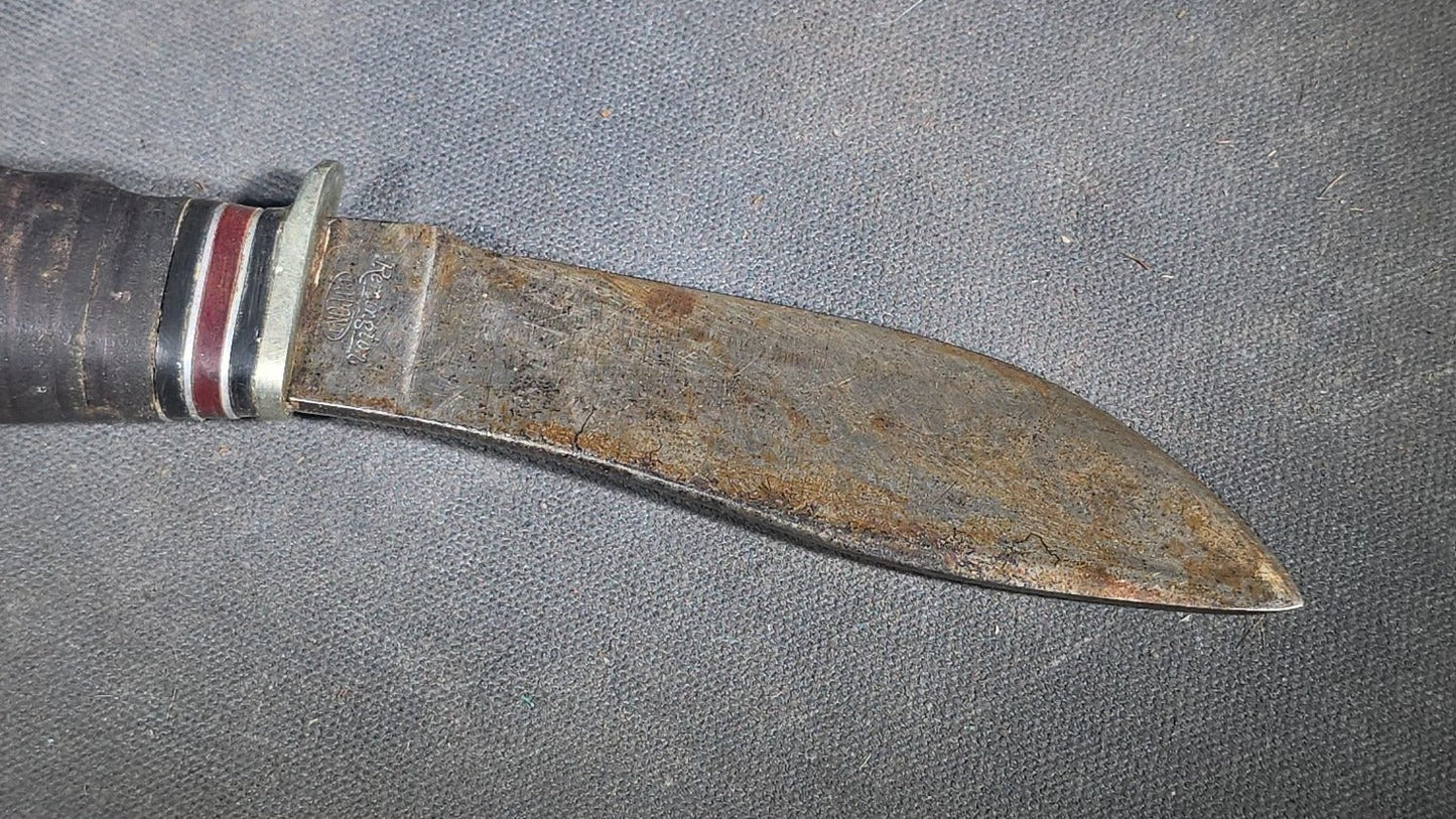 Vintage Remington DuPont RH56 Fixed Blade Hunting Knife with Stacked Leather Handle in Modern Sheath