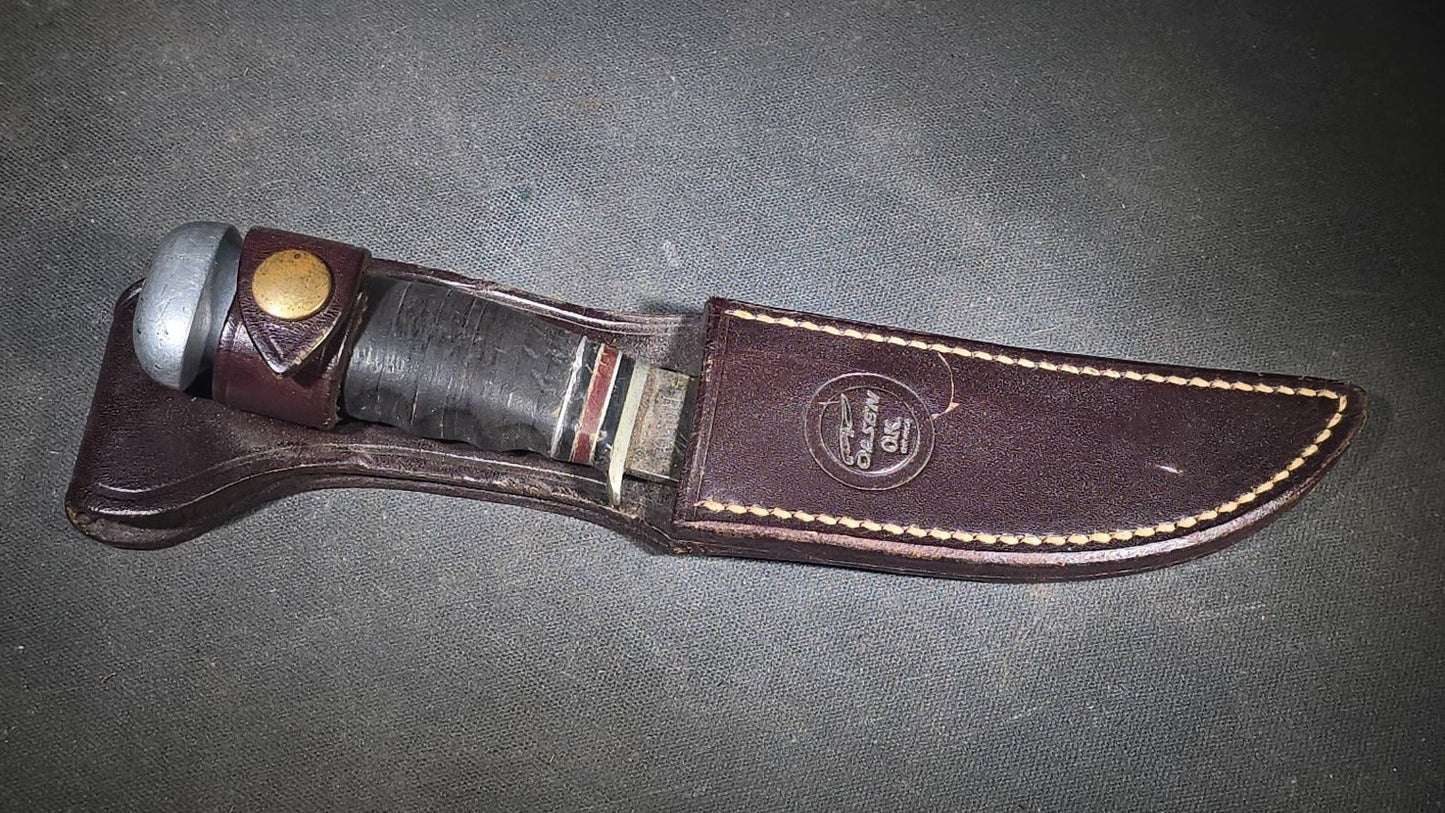 Vintage Remington DuPont RH56 Fixed Blade Hunting Knife with Stacked Leather Handle in Modern Sheath