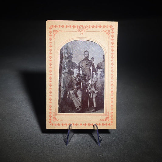 Antique Occupational Tintype Photograph of Five Workers with Pipe Cutter in Decorative Paper Frame