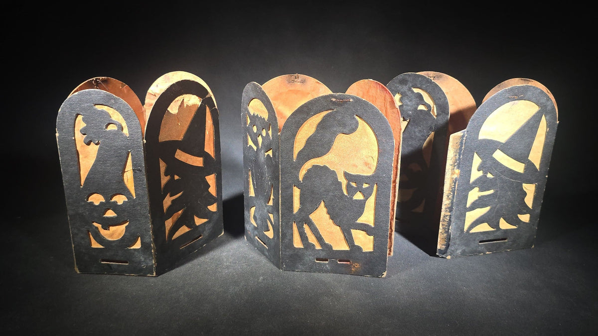 Trio of Antique Halloween Die-Cut Cardboard Fold-Out Lanterns with Black Cat, Owl, Witch, and Jack-O-Lantern Silhouette Panels, Orange Tissue Paper Lining, Note Condition Issues with All