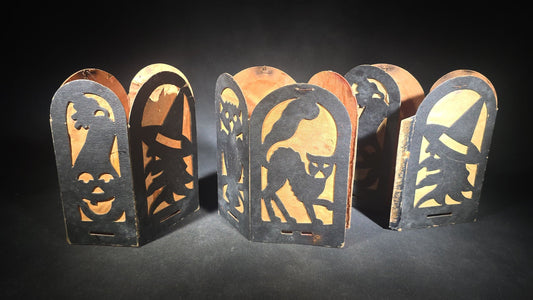Trio of Antique Halloween Die-Cut Cardboard Fold-Out Lanterns with Black Cat, Owl, Witch, and Jack-O-Lantern Silhouette Panels, Orange Tissue Paper Lining, Note Condition Issues with All