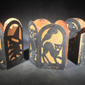 Lot 147 - Trio of Antique Halloween Die-Cut Cardboard Fold-Out Lanterns with Black Cat, Owl, Witch, and Jack-O-Lantern Silhouette Panels, Orange Tissue Paper Lining, Note Condition Issues with All, 6" H each